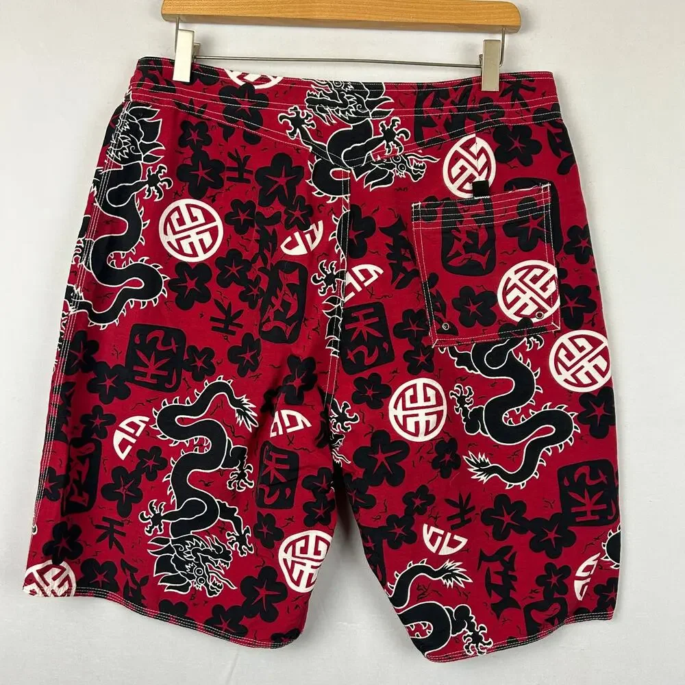 Ocean Pacific OP Vintage Red Chinese Dragon Board Shorts Swim Trunks Men's 34